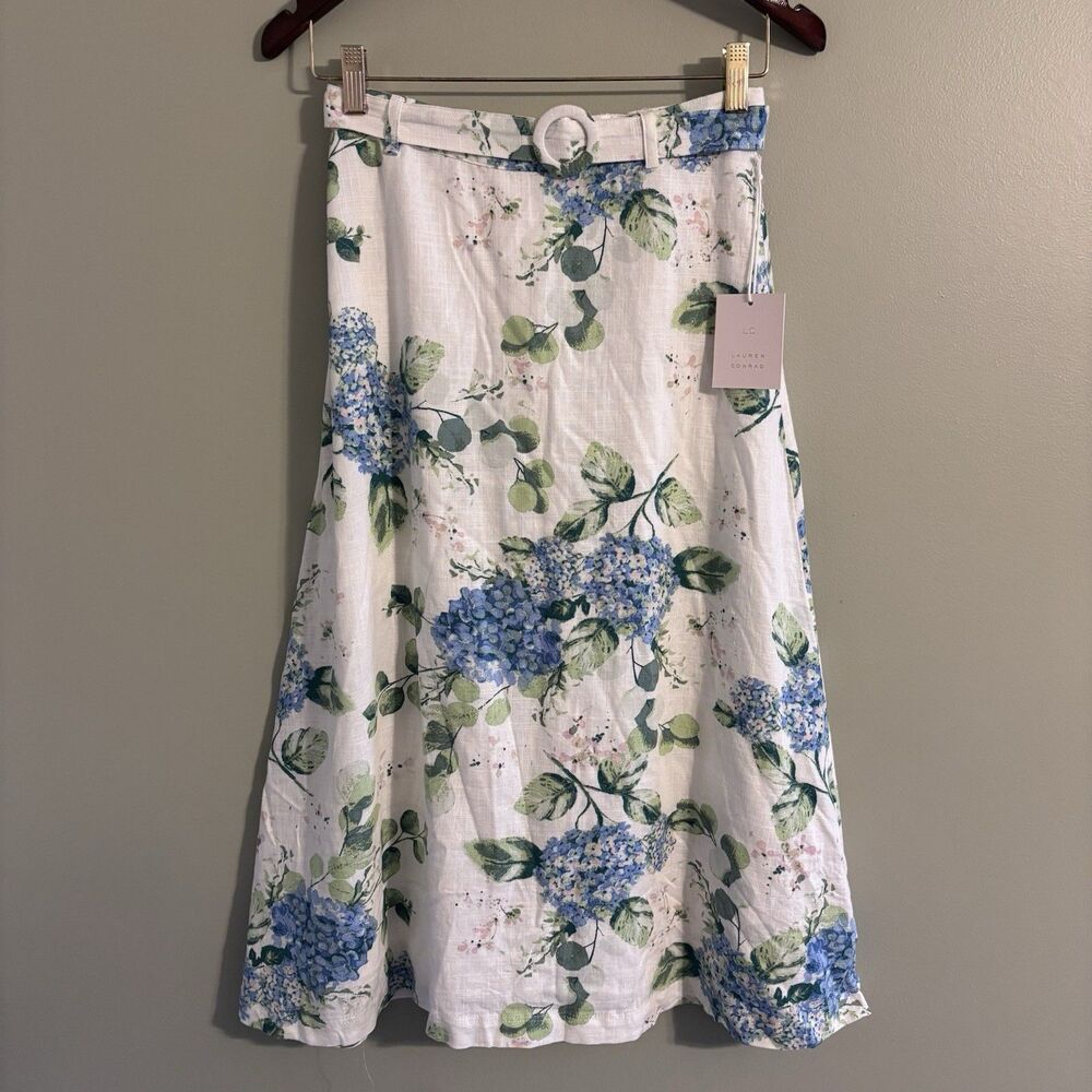 NWT Lauren Conrad Women's Midi Belted Floral Skirt Linen Blend Easter Cottage S